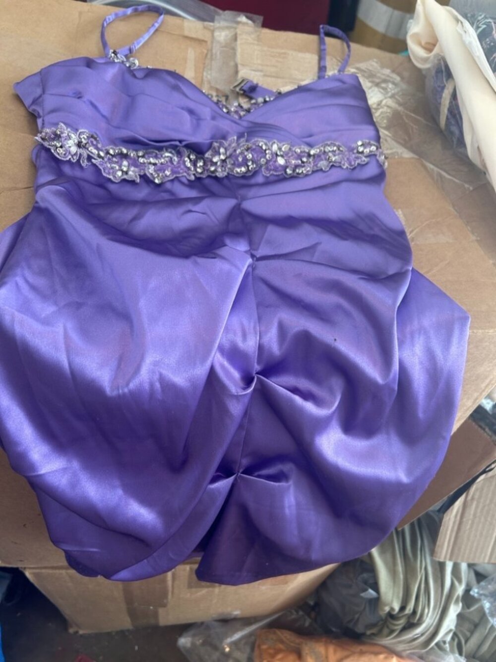 Purple Satin Ruched Cocktail Mini Dress Rhinestone Embellished Homecoming Prom